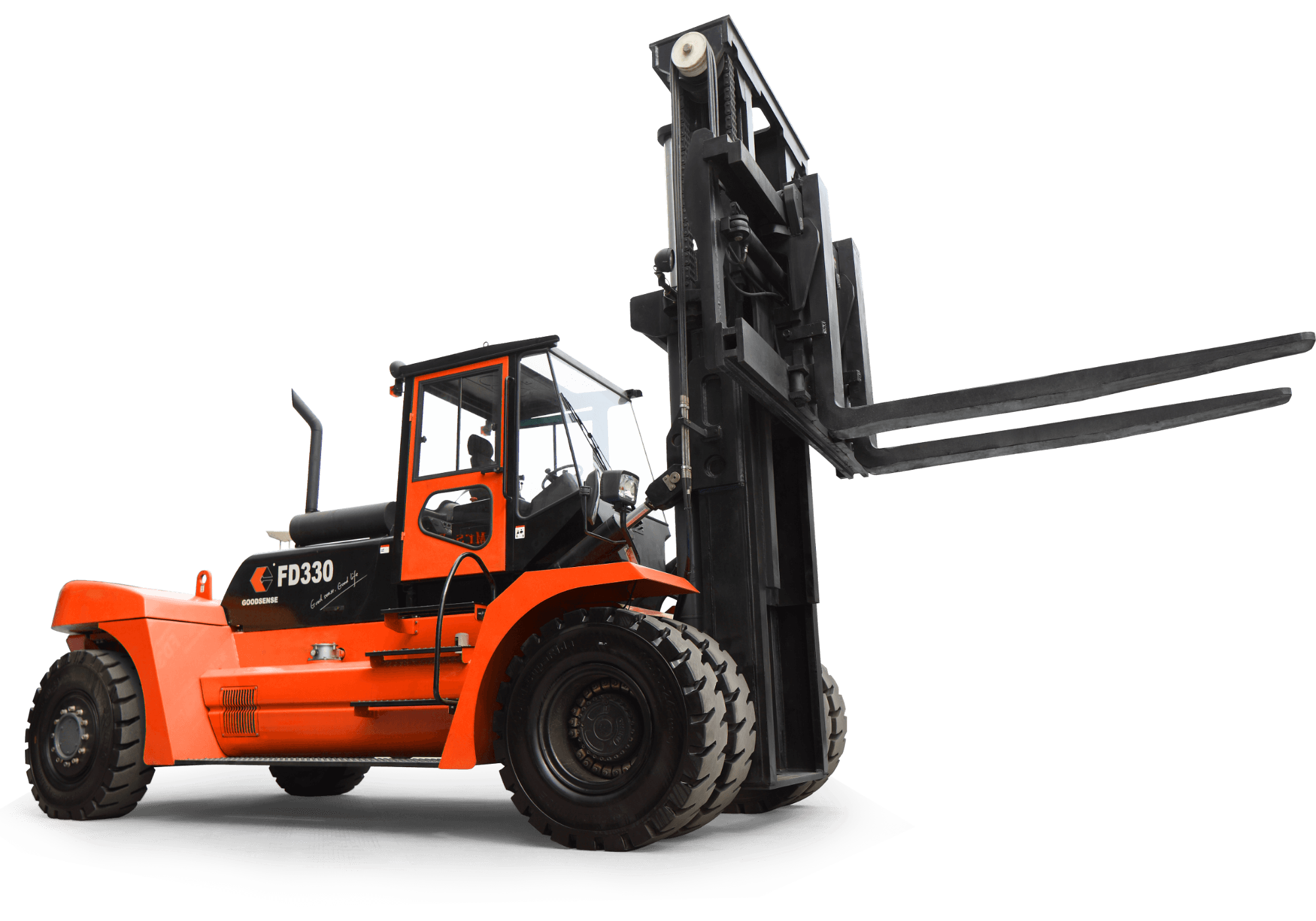 forklift 20-ton forklift lifting heavy cargo at a warehouse.