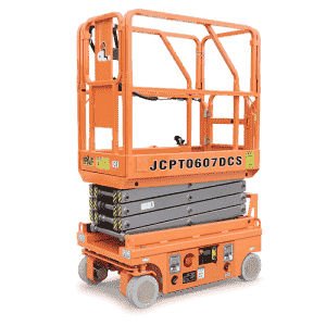 Scissor lift raising workers for maintenance tasks at a facility.